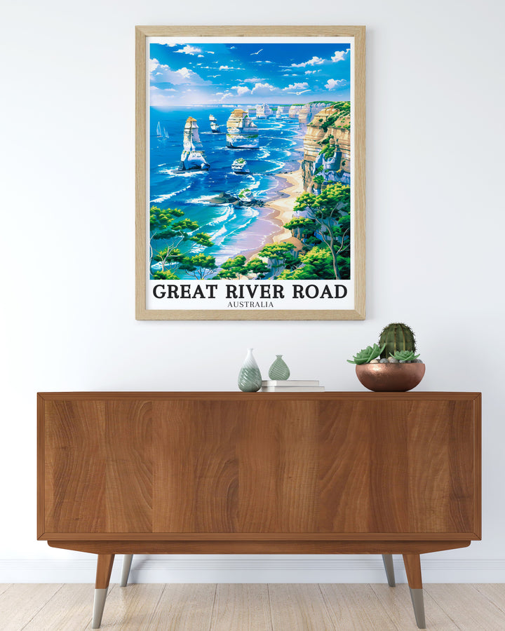 Twelve Apostles wall poster capturing the iconic rock formations and stunning coastal scenery of Australias Southern Ocean. With vibrant colors and intricate details, this travel poster brings the raw beauty of Australias coast into your home, creating an inspiring focal point.