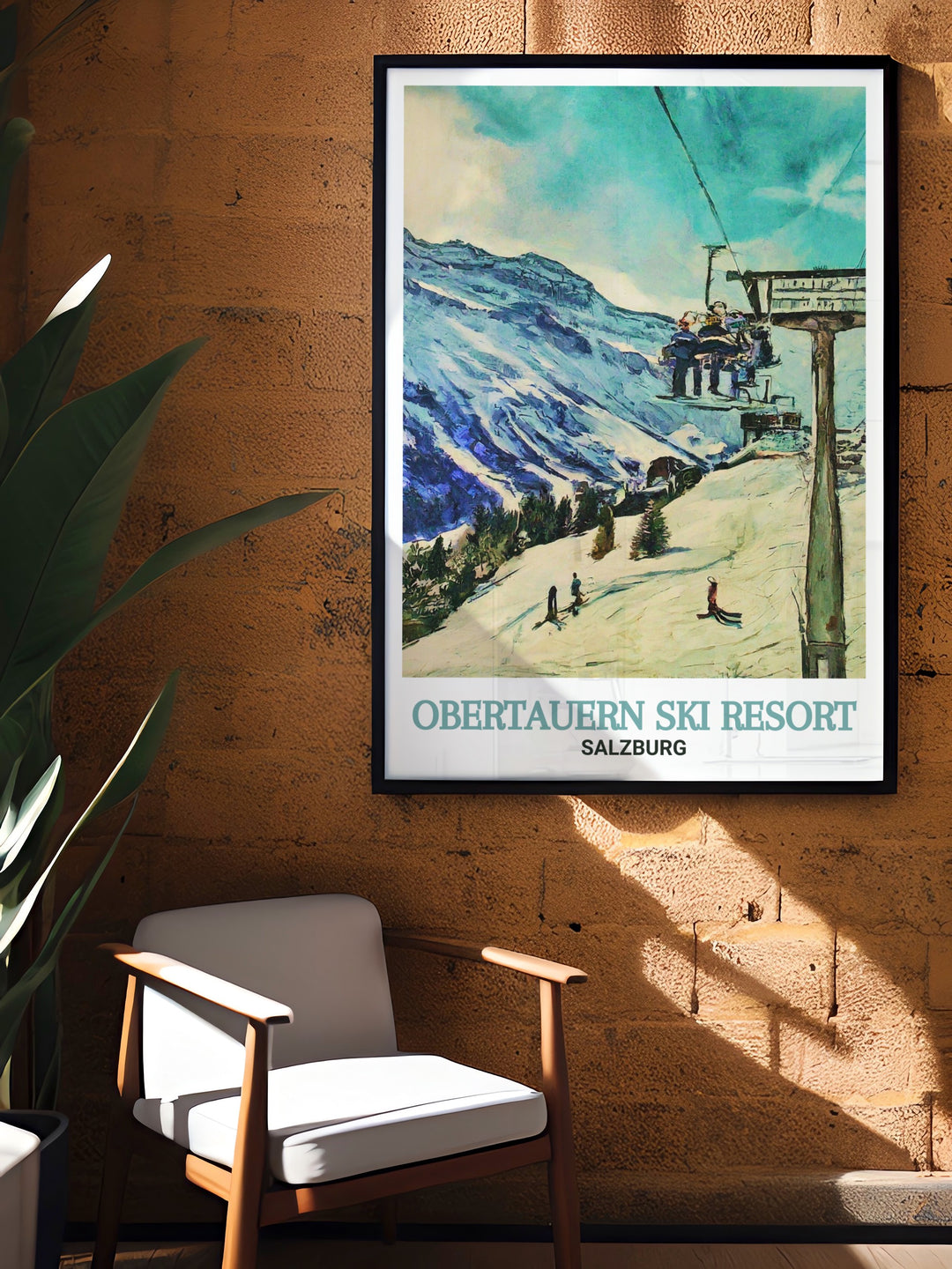 Obertauern Ski Resorts vintage travel art print highlights the beauty of the resorts winter landscape and features the iconic Edelweissbahn Chairlift. Its perfect for adding a touch of ski culture to any space.