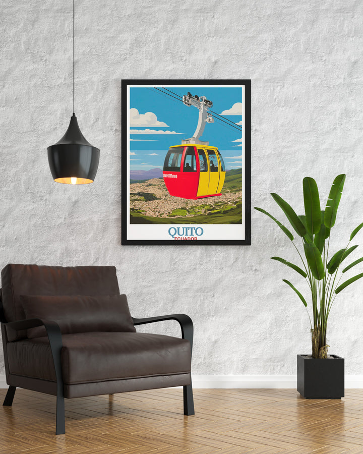 Quito Travel Poster highlighting the TelefériQo cable car ride, offering stunning vistas of the city and surrounding Andes. This wall print brings the beauty of Ecuadors capital into your home, perfect for adventurers and world travelers.