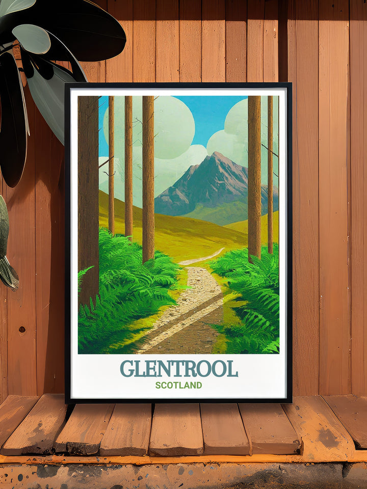 Glentrool Trailhead and Loch Trool come to life in this stunning wall art perfect for cyclists who have tackled the mountain bike trails of the 7stanes bike park or those who dream of experiencing the beauty of the area.