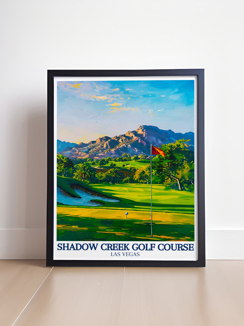 A high quality poster print showcasing Shadow Creek Golf Course against the sweeping Nevada desert, with Clark Countys skyline in the background. This golf art captures the essence of this luxurious course, blending natural beauty with premier golfing, perfect for golf enthusiasts and art lovers alike.