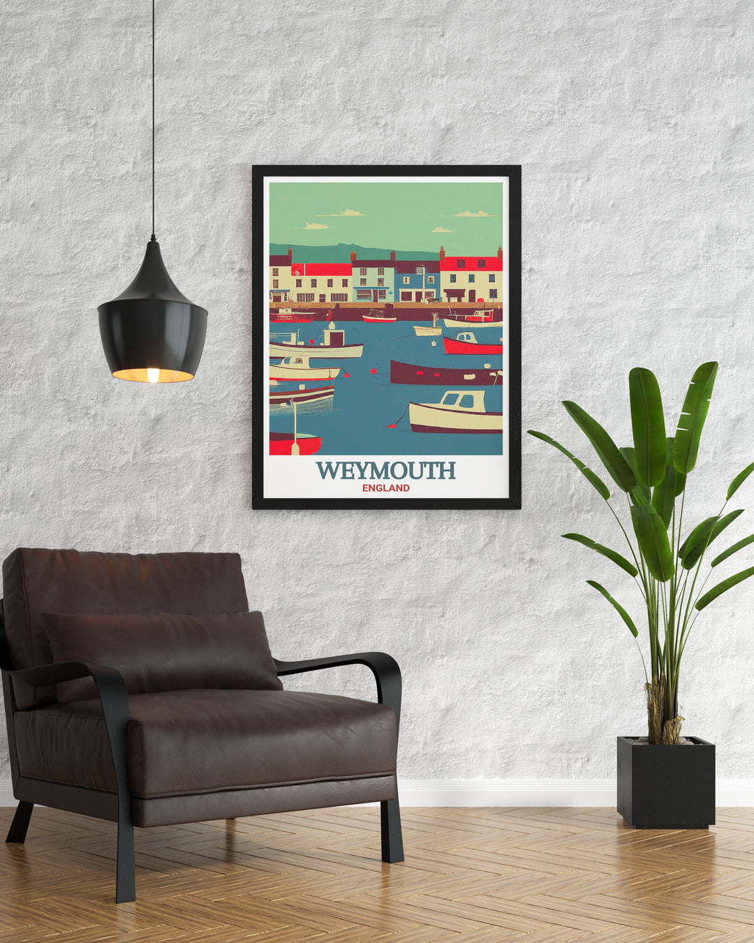 Weymouth Harbour travel art showcasing the colourful buildings and dynamic marina of this beloved coastal spot. Ideal for enhancing beach inspired interiors, this artwork brings the relaxing ambiance of Weymouth Harbour into your home.