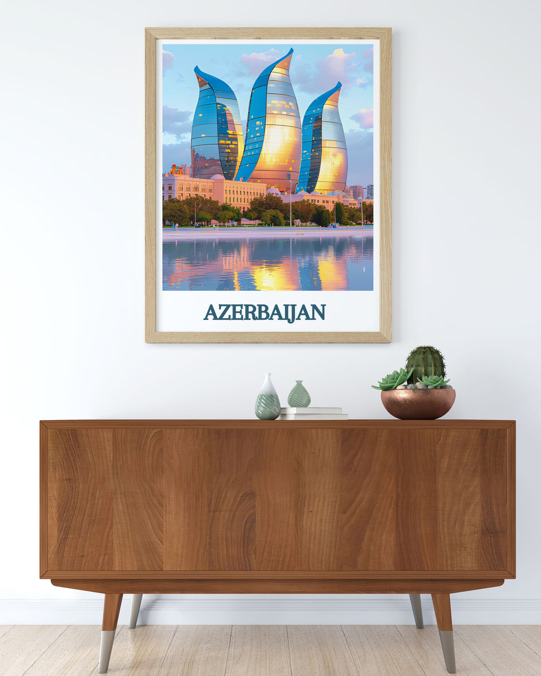 Flame Towers modern art print showcasing the famous skyscrapers of Baku this Azerbaijan wall art is a great way to enhance any living space with a blend of modern architecture and cultural heritage perfect for those who appreciate unique travel artwork and design