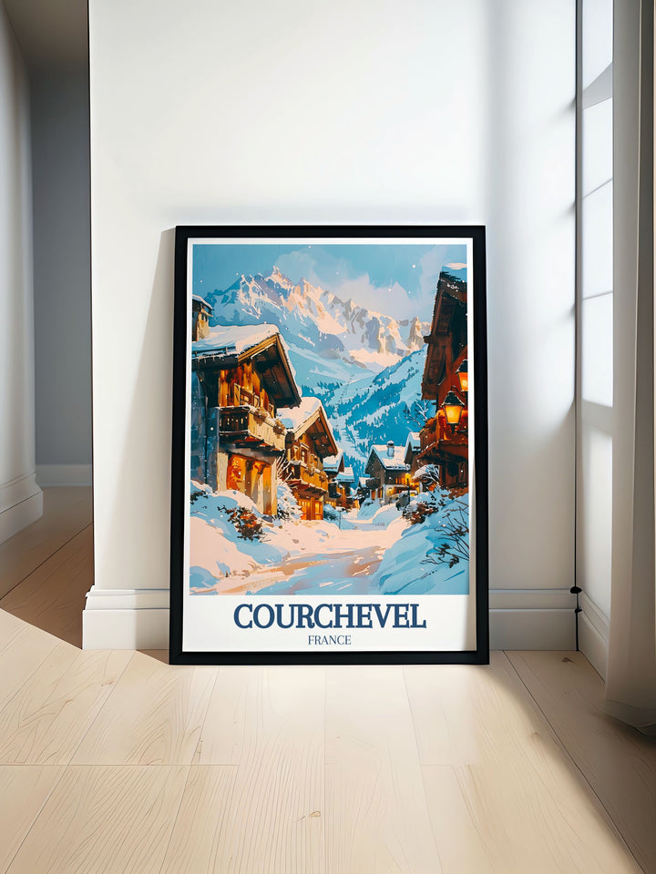 This poster artfully depicts the natural beauty of Courchevel 1850 and the exhilarating ski slopes, offering a perfect blend of Frances landscapes and cultural landmarks for your decor.