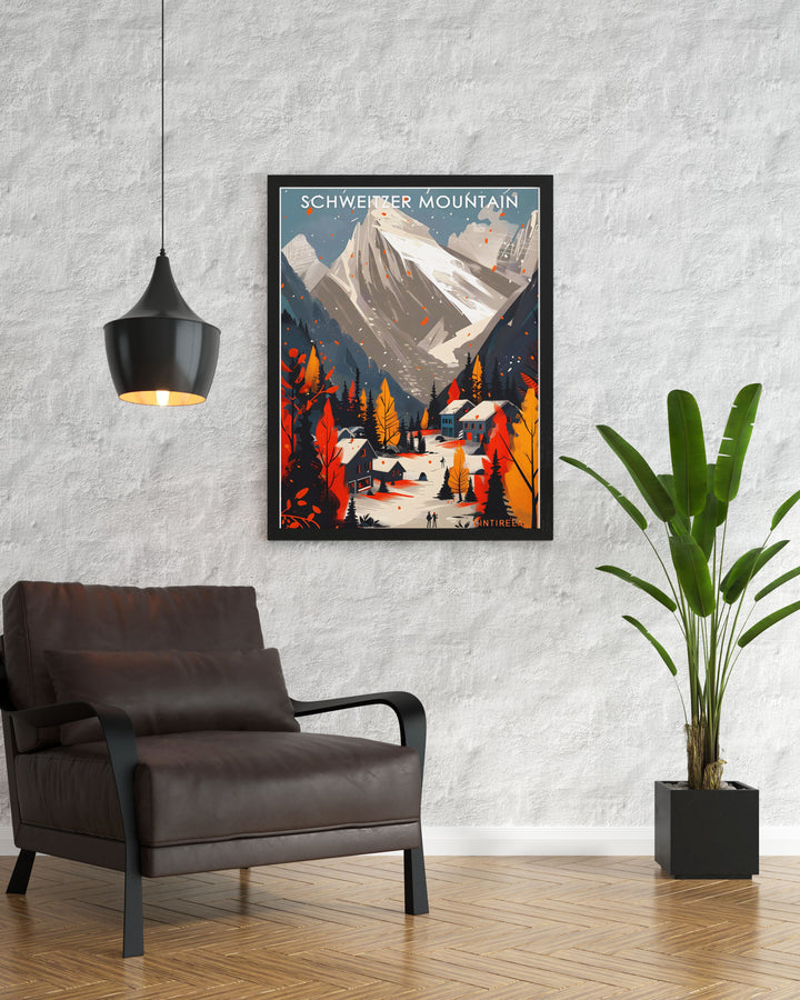 This Schweitzer Mountain print highlights the exhilarating experience of skiing down its well groomed trails. A must have for enthusiasts of ski resort posters and vintage ski art.