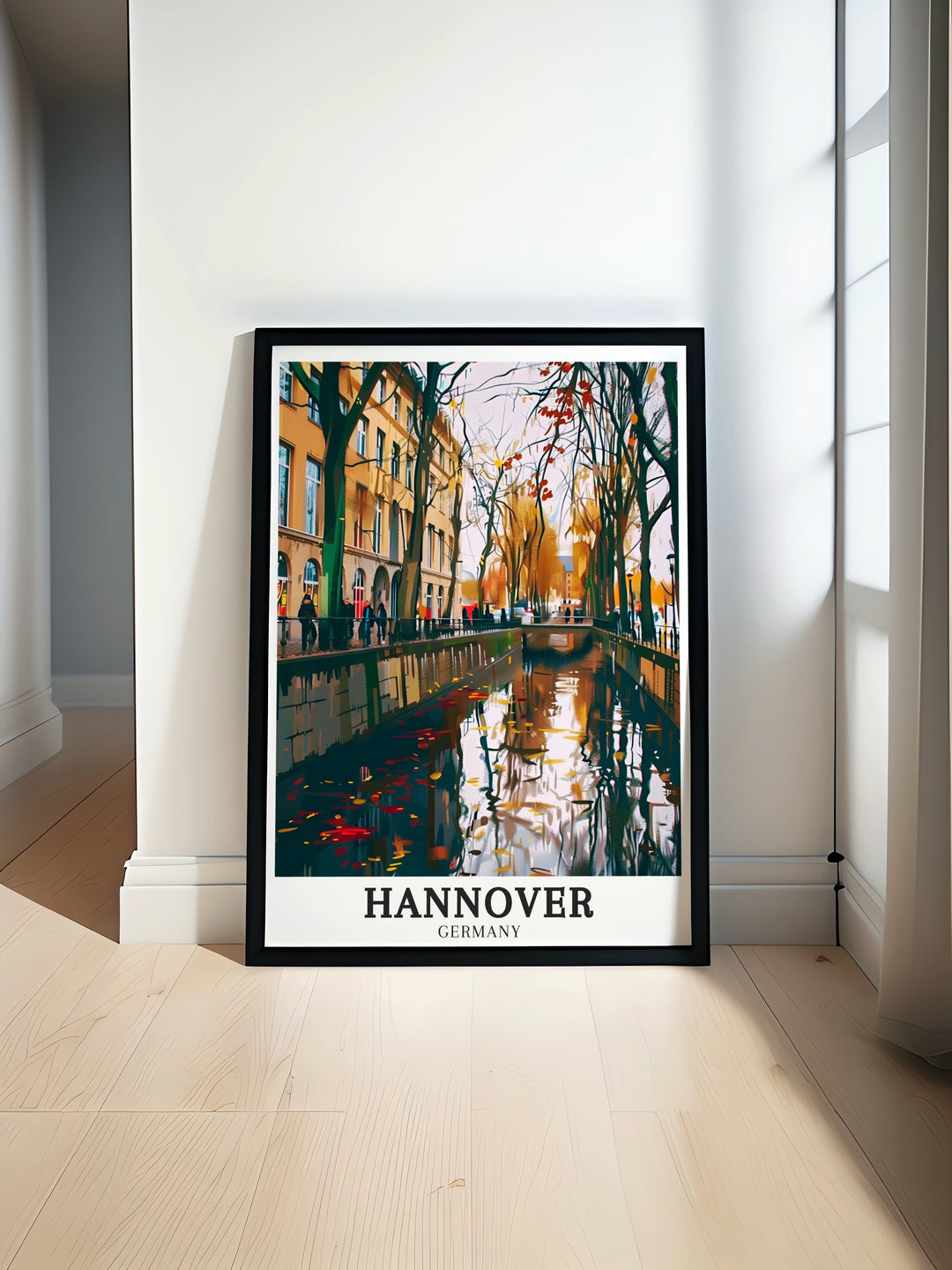 Travel print of Hannover Germany featuring its famous New Town Hall and surrounding gardens a wonderful piece for anyone who has visited this beautiful city or dreams of exploring Germany