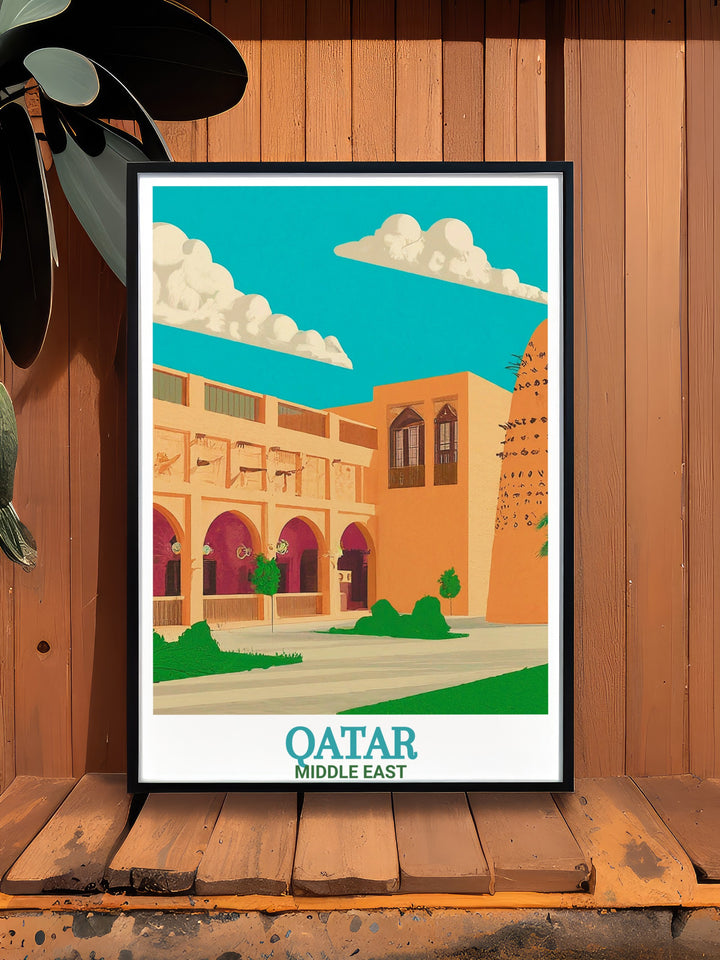 A detailed and colorful Qatar poster print showcasing the iconic Katara Cultural Village in the Middle East. This travel print highlights the beauty and architectural brilliance of one of Qatars most important cultural hubs, ideal for adding global charm to your home decor.