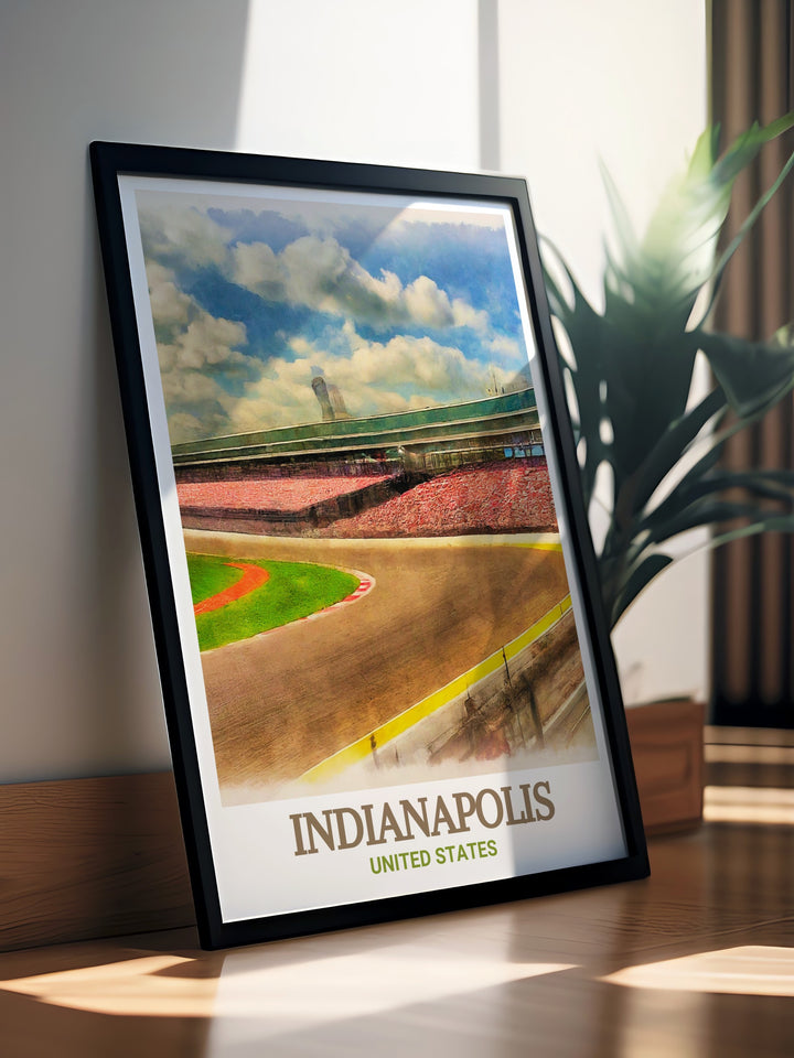 Indianapolis travel poster showcasing the Motor Speedway and skyline. Ideal for adding a piece of the citys charm to your home. The vibrant colors and fine details make this artwork a stunning addition to any room.