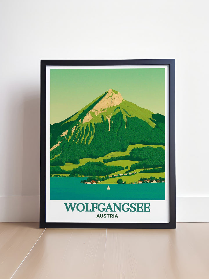 Schafberg Mountain decor print highlighting the stunning vistas and natural charm. This illustration captures the essence of Austrias mountainous regions, making it a wonderful addition to any art collection. Ideal for those who love travel and nature inspired decor.