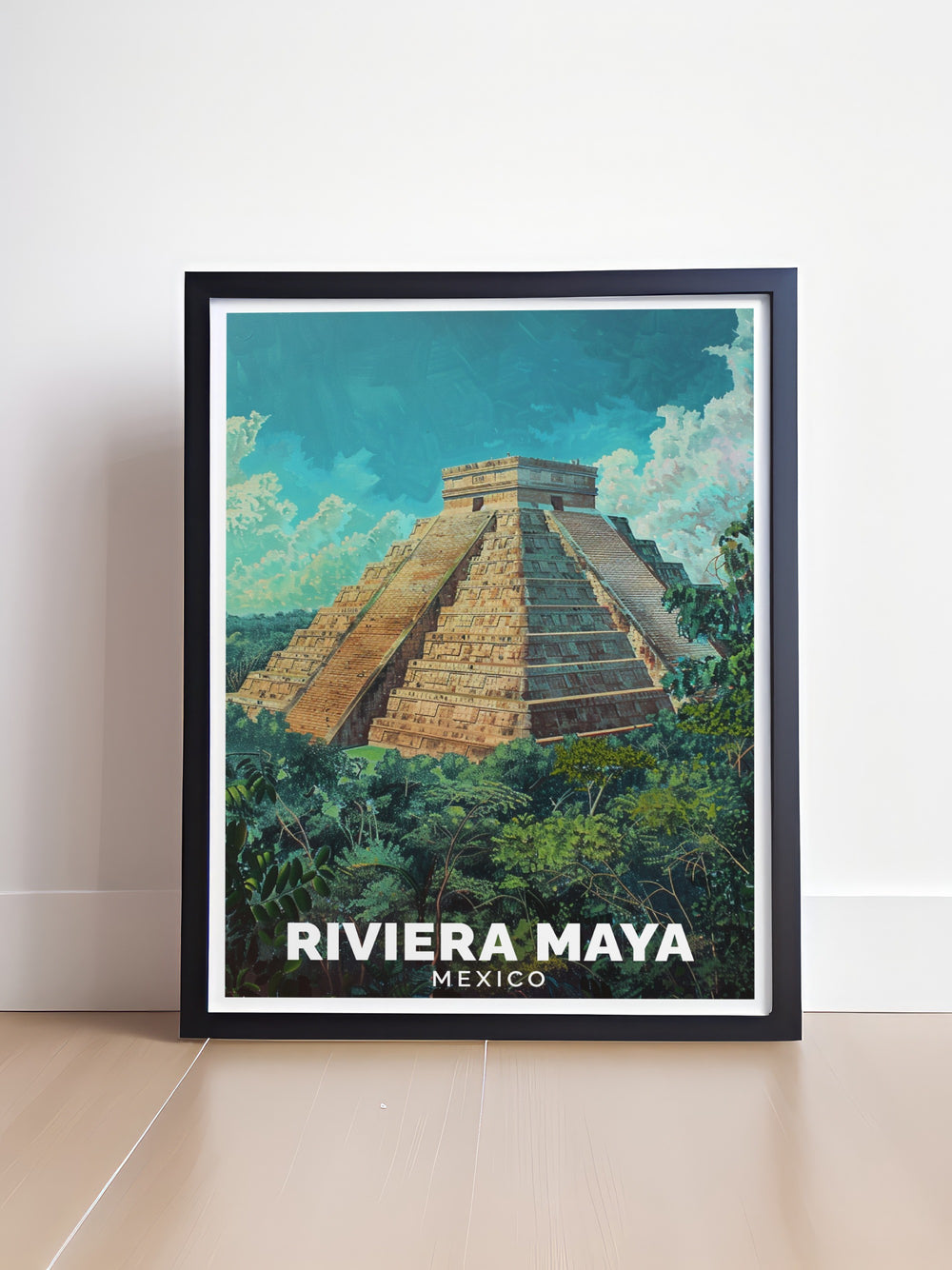 This Mexico print captures the charm of the Riviera Maya, featuring its famous beaches and Chichén Itzás majestic ruins. The vibrant colors and detailed design make it a perfect centerpiece for your living room or office.