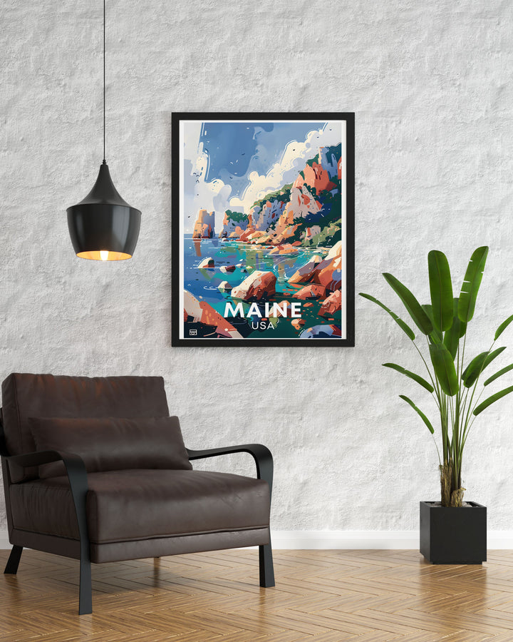 This art print celebrates the historical significance of Acadia National Park, established as the first national park east of the Mississippi River. Ideal for those who appreciate preserved natural beauty, this poster brings a piece of Maines heritage into your home.