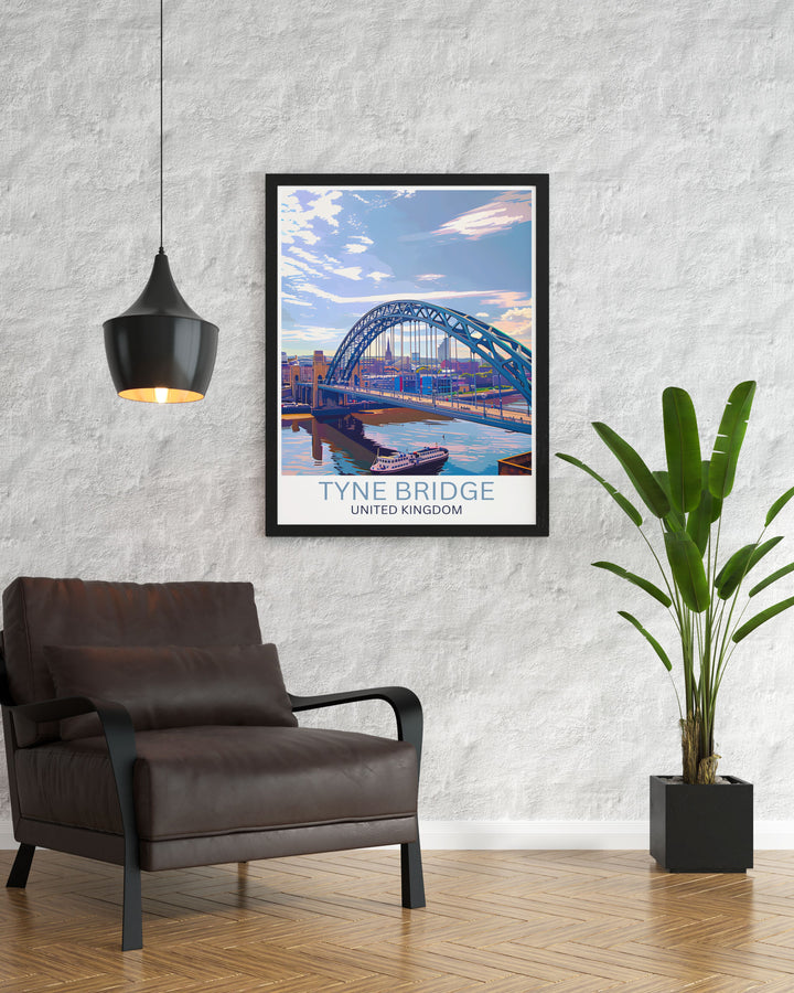 Vintage Travel Print of Tyne Bridge in Newcastle Upon Tyne highlighting the bridges architectural elegance alongside the Millennium Bridge and Sage Gateshead. A must have wall art print for architecture lovers and a great gift for anyone fond of Newcastle