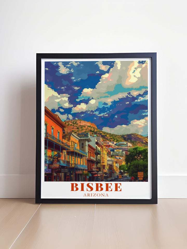 Bisbee art print featuring Historic Downtown Bisbee with elegant architecture and vibrant scenery. This Arizona artwork offers a beautiful piece for your living room or office bringing the charm of Bisbee into your space.