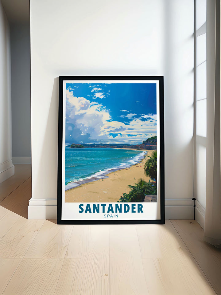 Beautiful Playa del Sardinero artwork from Santander Spain brings the vibrant colors and coastal serenity of this iconic beach into your home decor making it a perfect addition for anyone seeking elegant Spain wall art and modern living room decor.