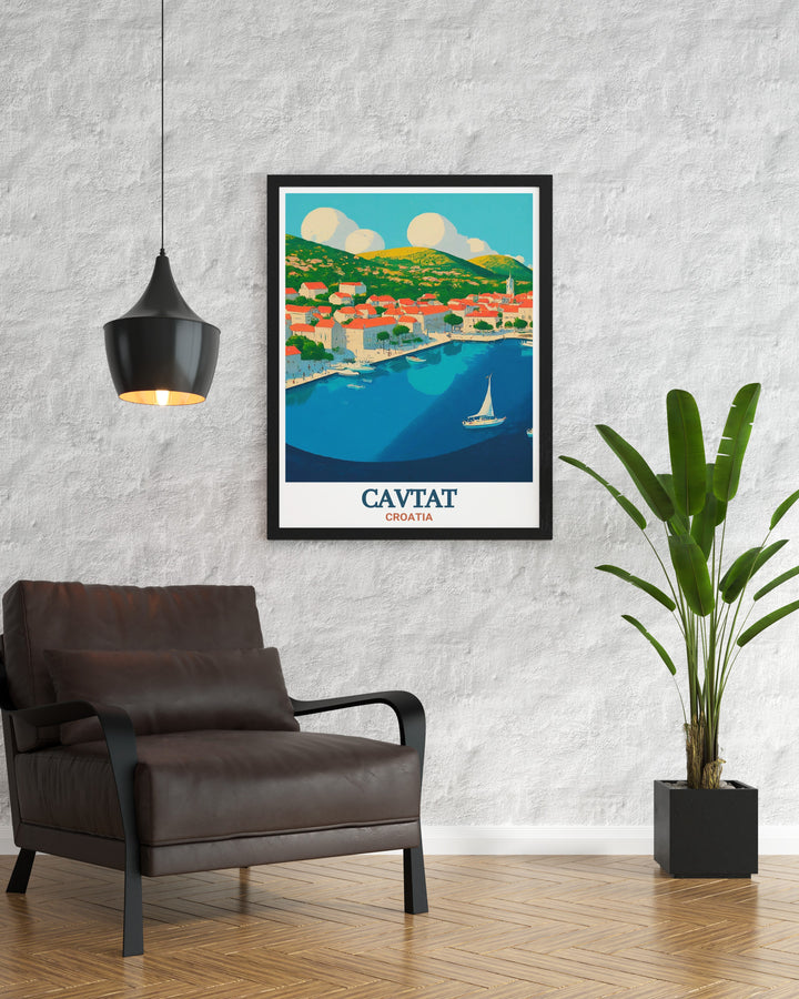 Cavtat travel art showcasing the serene marina and surrounding landscapes of Croatias Adriatic coast, perfect for adding a touch of cultural and natural beauty to your wall.