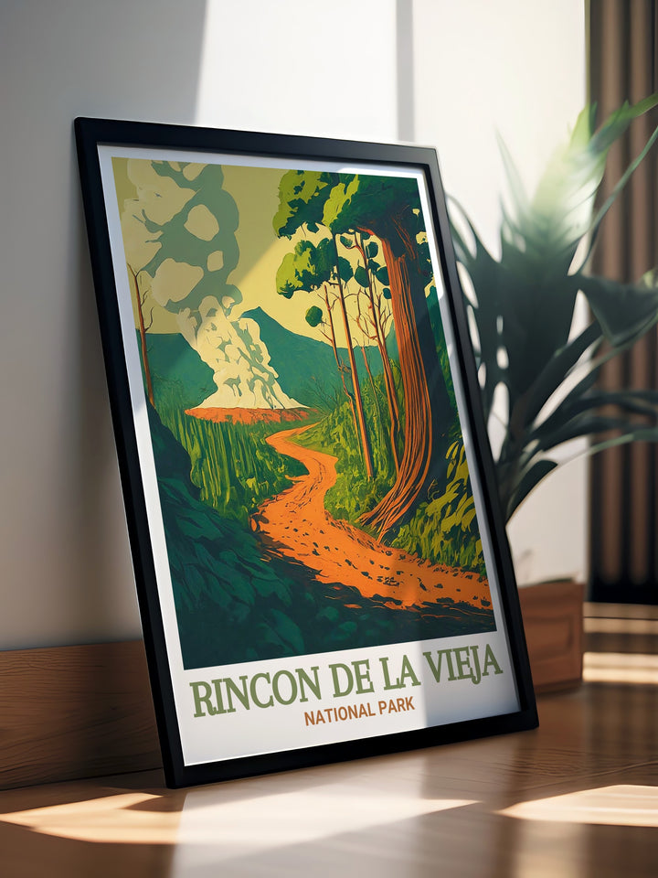 This Las Pailas Trail poster print brings the vibrant landscapes of Costa Rica to life capturing the essence of Rincon De La Vieja in stunning detail an ideal addition to your Costa Rica wall art collection or as a thoughtful gift for nature lovers.