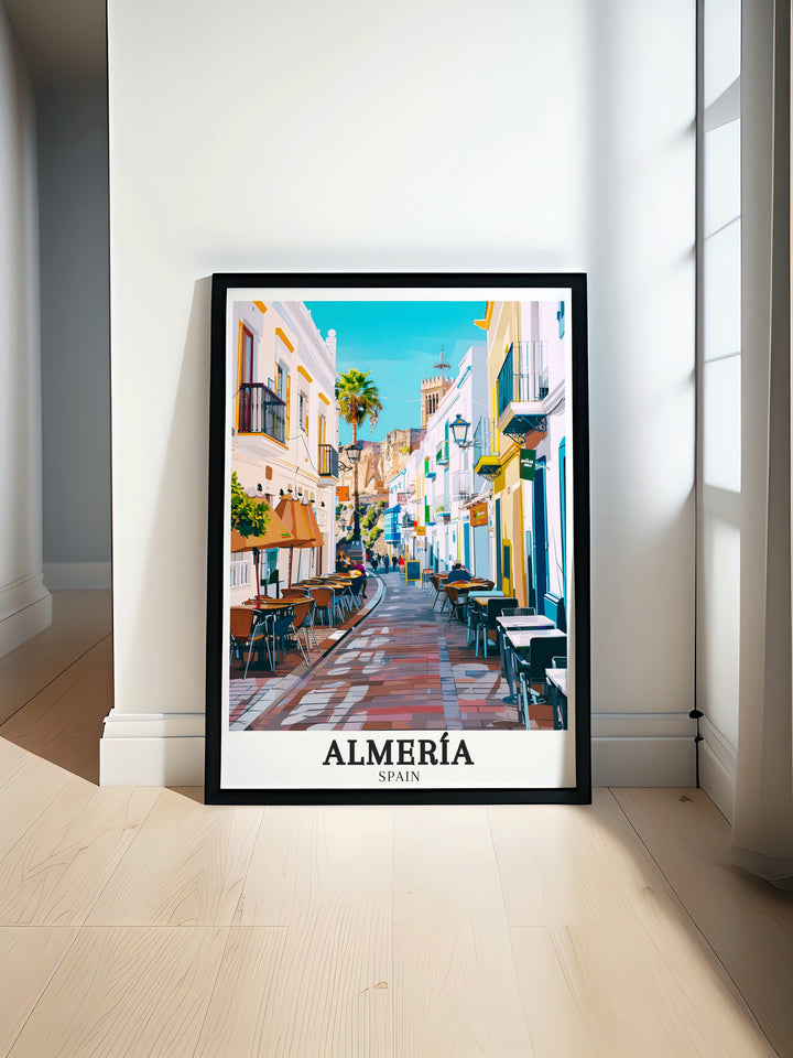 Almería poster print featuring the vibrant Barrio de la Chanca in Andalusia, Spain. This travel art captures the colorful hillside houses and lively streets, offering a perfect visual representation of Spanish culture and history.