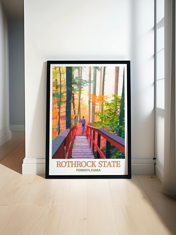 This Pennsylvania travel print features Rothrock State Forest and the iconic Alan Seeger Natural Area, showcasing the vibrant green forests and serene streams. A perfect addition to any nature lovers home decor.