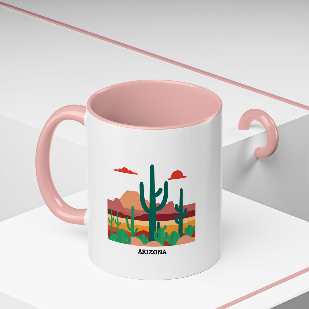 A colorful Arizona Mug showcasing bold designs inspired by Arizona's scenic views and culture. Dishwasher-safe ceramic material makes it practical for daily use, while its artistry makes it a special gift or keepsake.