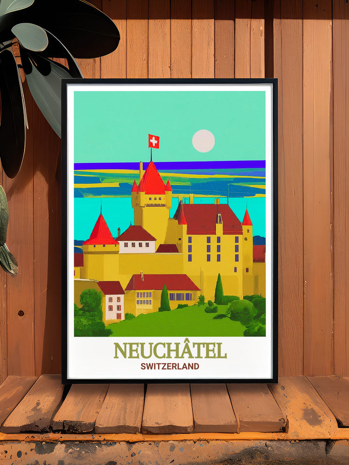 Neuchatel Castle art print featuring the scenic beauty of Lake Neuchatel. This France travel poster adds sophistication to your home with its elegant design and serene landscape. Perfect for creating a calming atmosphere in your living room or office.