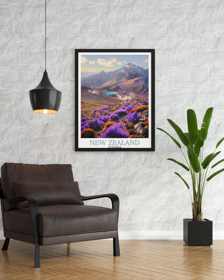 New Zealand print showcasing Tongariro National Parks volcanic peaks and the serene charm of Akaroa Lighthouse perfect for travelers and art lovers looking to bring the beauty of New Zealands landscapes into their living spaces.