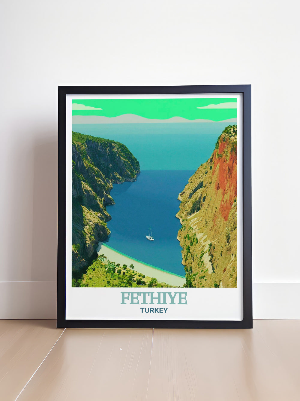 Travel art print of Butterfly Valley featuring vibrant landscapes and clear blue waters. This Turkey gem brings the tranquility of the valley into your home, making it a perfect addition for those who appreciate serene and captivating artwork.