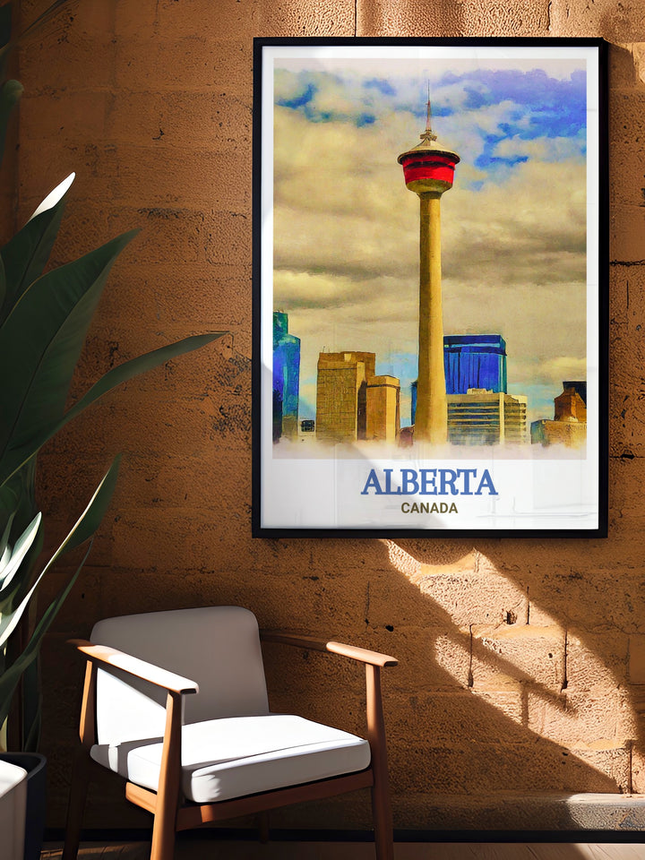 Alberta art print of Calgary Tower, capturing the majesty and innovation of this iconic landmark. This poster is designed to bring a sense of urban splendor and architectural beauty to your home decor.