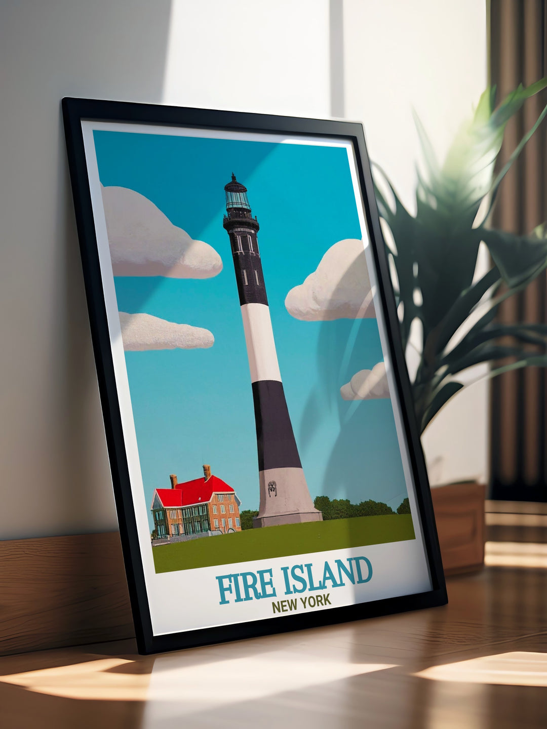 Fire Island art print highlights the lighthouse standing tall against the soft dunes and blue skies of New Yorks coastal haven. This travel poster adds a calming touch to any room and makes a thoughtful personalized gift for those who cherish the beauty of New York State.