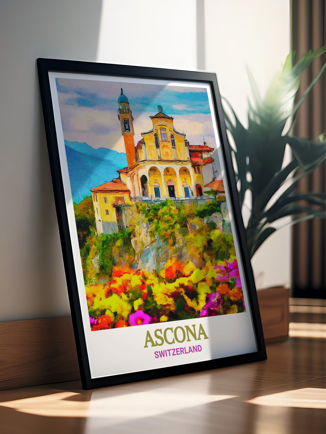 Ascona framed art capturing the elegance of the Madonna del Sasso and the calm waters of Lake Maggiore, a perfect gift for those who appreciate Swiss culture.