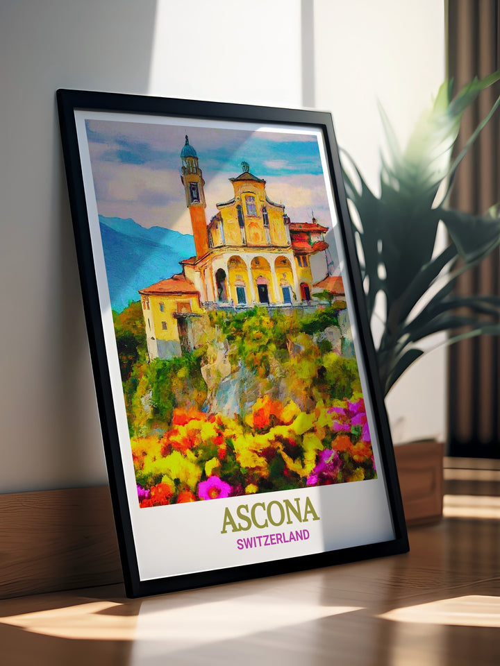 Ascona framed art capturing the elegance of the Madonna del Sasso and the calm waters of Lake Maggiore, a perfect gift for those who appreciate Swiss culture.