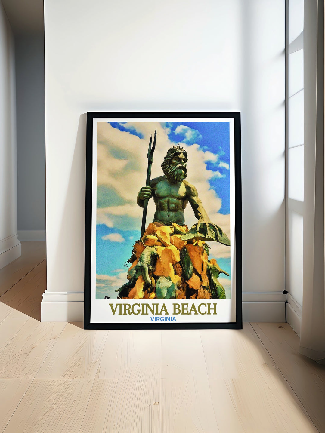 Virginia Beach print featuring colorful art and fine line details with Neptune Statue perfect for home decor and gifts adding a vibrant touch to any room ideal for those who love urban landscapes and unique artwork