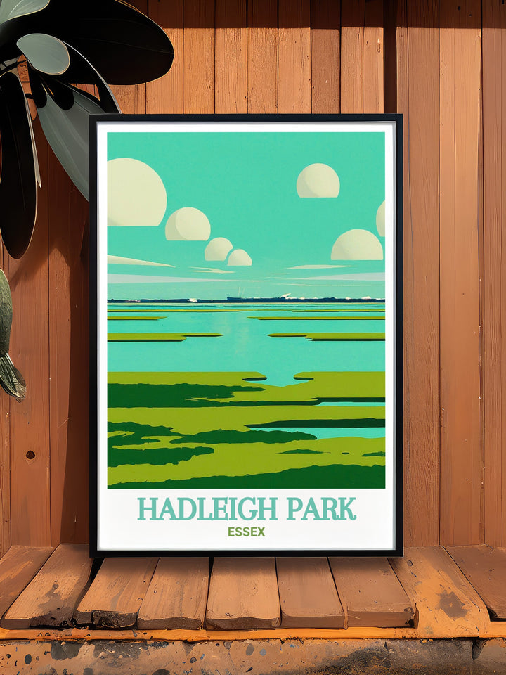 Thames Estuary art collection showcasing Hadleigh Park mountain biking trails. This Essex poster is ideal for cycling lovers and as a unique gift. The vibrant colors and fine lines highlight the thrill and scenic beauty of this iconic location.