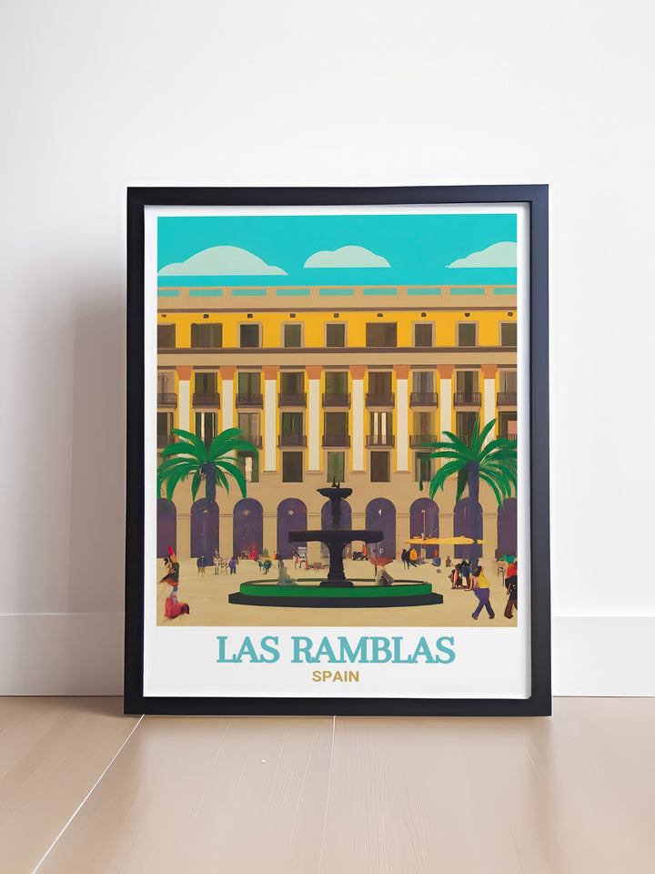 Capture the essence of Spanish elegance with this travel poster of Plaça Reial, showcasing the stunning details and relaxed atmosphere of this iconic Barcelona square.