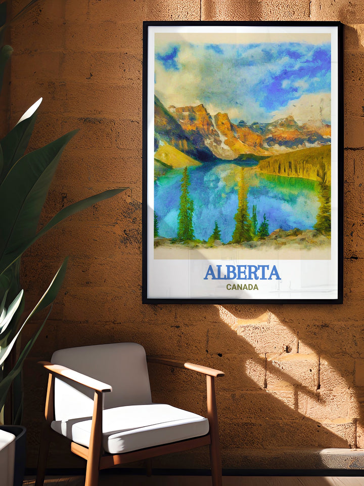 Alberta art print of Banff National Park, capturing the awe inspiring beauty and pristine landscapes. This poster is designed to bring a sense of wonder and natural splendor to your home decor.