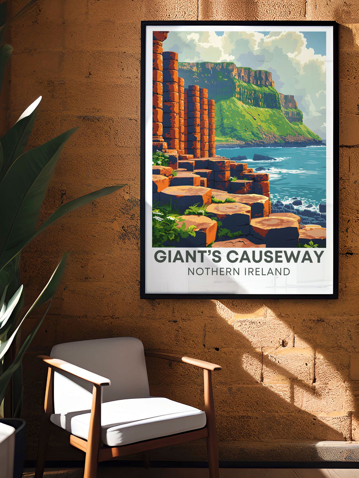 Travel art showcasing the beauty of Giants Causeway, highlighting the unique hexagonal basalt columns and the picturesque coastal landscapes, making it an ideal addition for nature enthusiasts and adventurers.