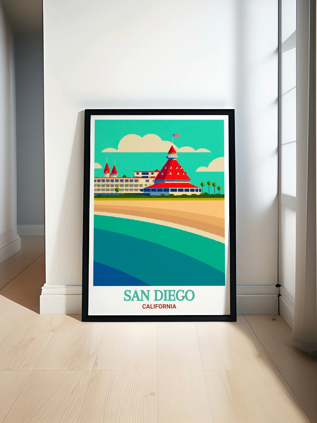 Canvas art featuring the iconic Hotel del Coronado and San Diegos stunning waterfront. This artwork brings the essence of Californias coastal allure into your living space.