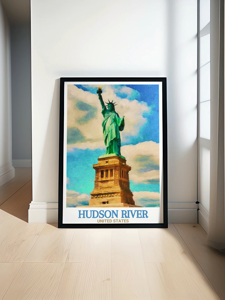 This Hudson River and Statue of Liberty canvas art showcases the serene waters of the Hudson River alongside one of New Yorks most famous landmarks. A perfect combination of nature and architecture, this travel poster makes an excellent addition to any collection.