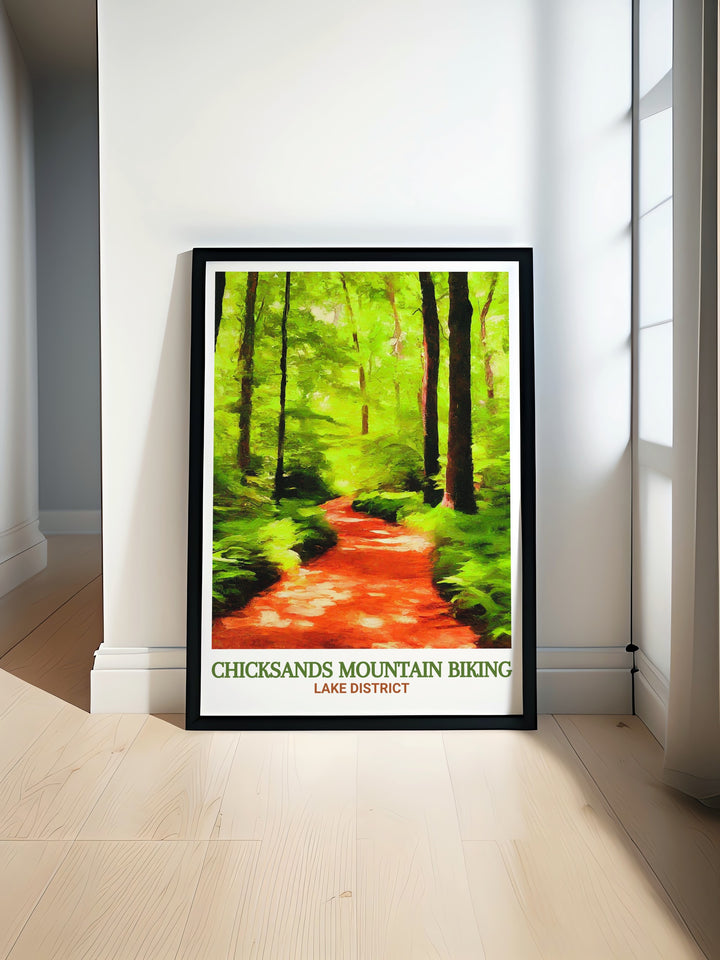 A beautifully detailed framed print featuring the best of Chicksands mountain biking trails, showcasing the parks unique routes and terrain, ideal for mountain biking lovers and those who enjoy cycling wall art.