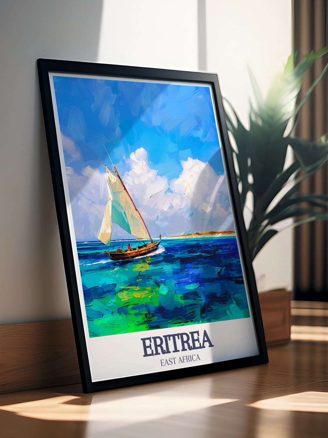 Dahlak Island Travel Print featuring the serene landscapes of the Red Sea coast. This Eritrea inspired canvas art is ideal for lovers of marine life and untouched coastal scenery.