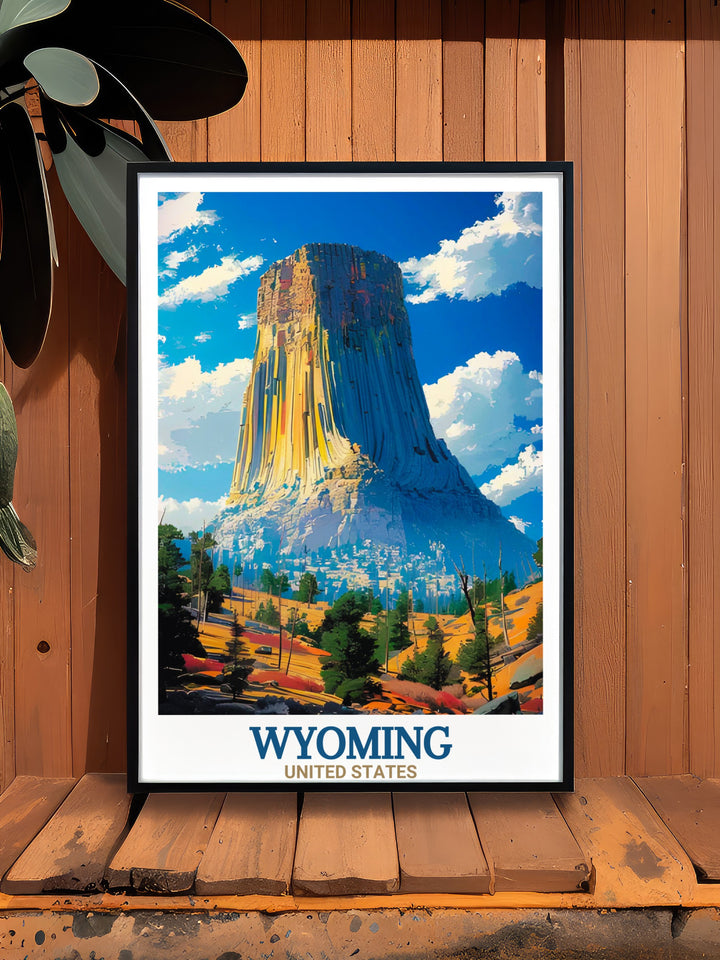 Yellowstone Poster showcasing the geothermal wonders of Americas first national park alongside Devils Tower National Monument Stunning Living Room Decor and Modern Prints for any stylish home