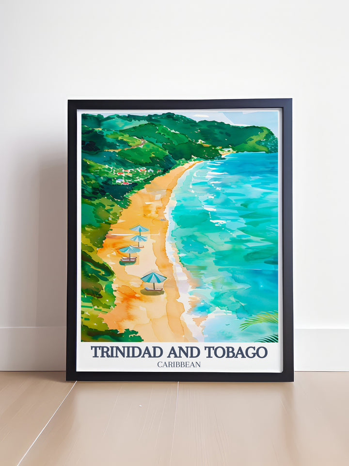 This Trinidad and Tobago travel poster showcases the stunning beauty of Maracas Bay with its azure waters and lush palm trees. Ideal for anyone looking to bring a piece of Caribbean paradise into their home, this vibrant artwork is a perfect tribute to the serene beaches of the Caribbean.