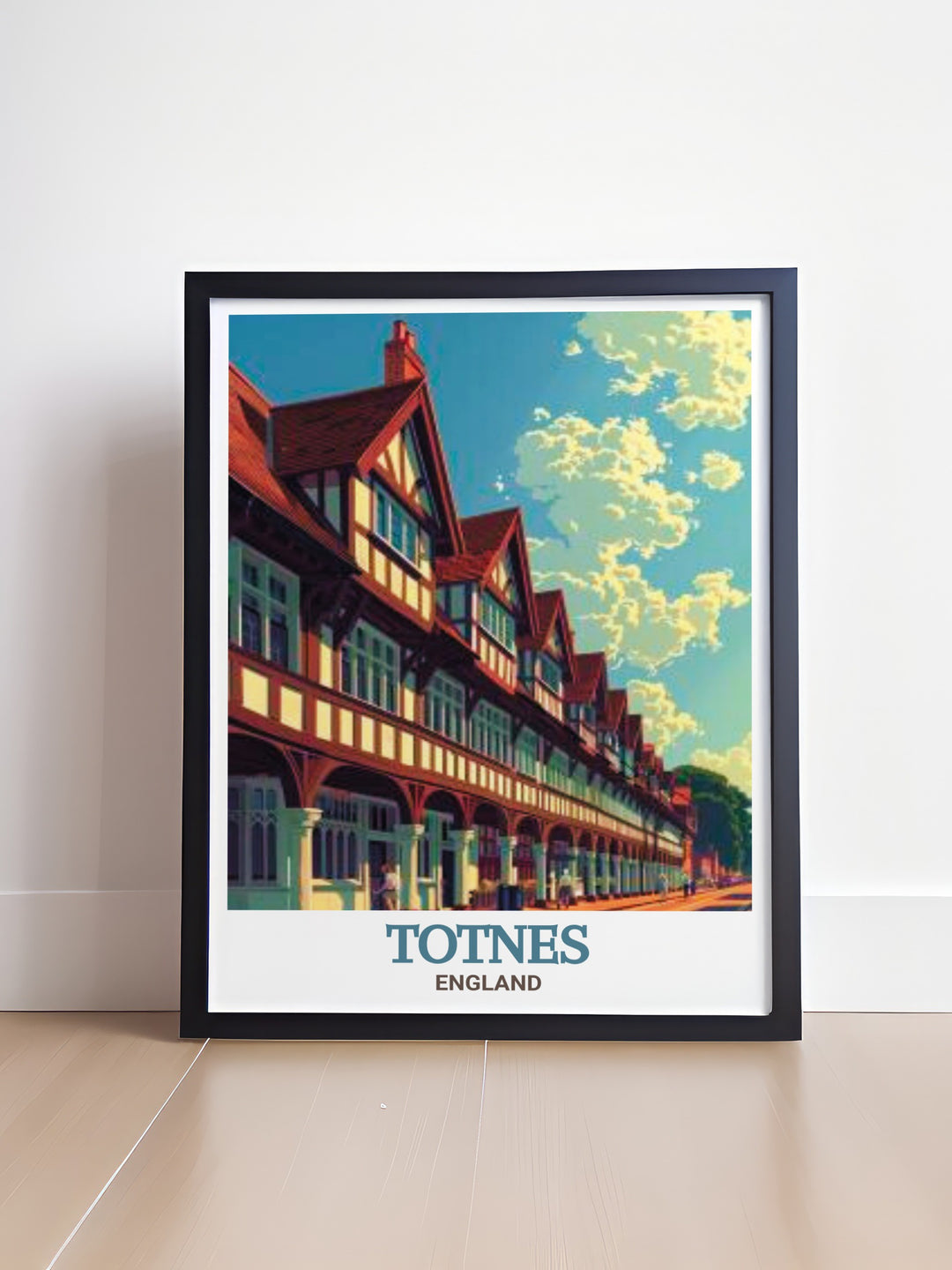 England travel poster featuring The Butterwalk in Totnes, highlighting the detailed wooden beams and overhanging upper floors. This elegant print adds a sophisticated touch to your living space. Perfect for those who appreciate historic landmarks and fine art.