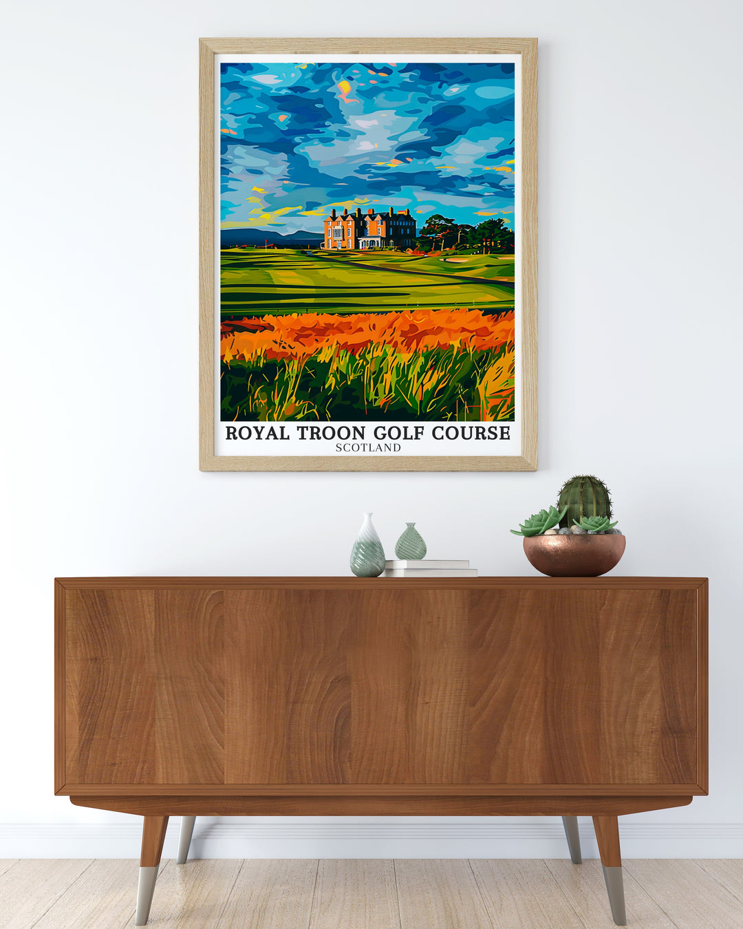 This Royal Troon golf art print showcases the Marine Troon and Ayrshire coastline offering a beautiful addition to any home or office space ideal for golf fans who admire Scottish art and open golf tournaments like those held at Royal Dornoch and Augusta National