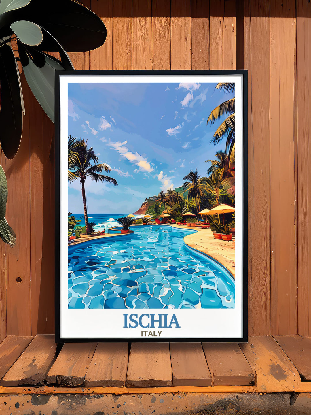 Travel poster print featuring the peaceful landscapes of Negombo Thermal Park, Ischia. With intricate details and colorful design, this artwork captures the essence of Italys natural beauty, making it perfect for home décor or gifting to a loved one.