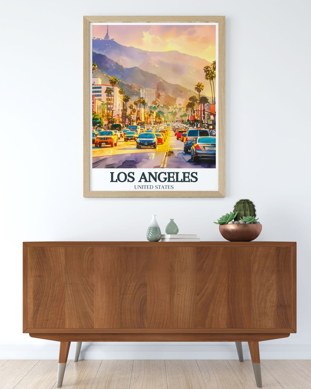 Elegant Los Angeles wall art featuring Hollywood Boulevard street and Mount Lee adding a touch of sophistication and urban charm to any living room or office space