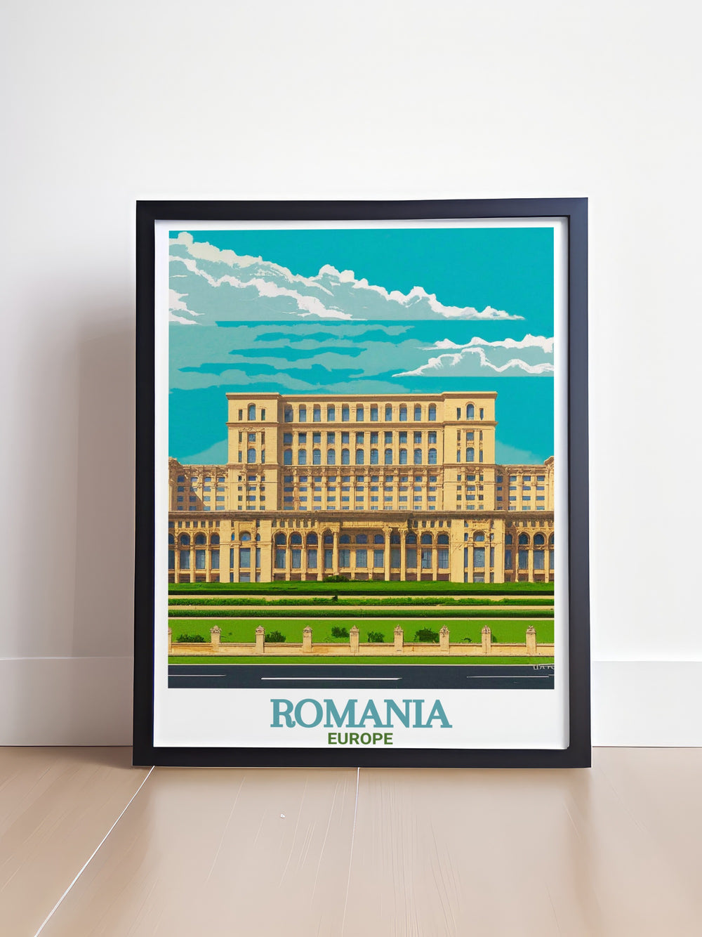 This Romania poster features the imposing Palace of the Parliament in Bucharest, a symbol of the countrys rich history and architectural heritage. Ideal for those who love European landmarks, this print adds sophistication to any room.