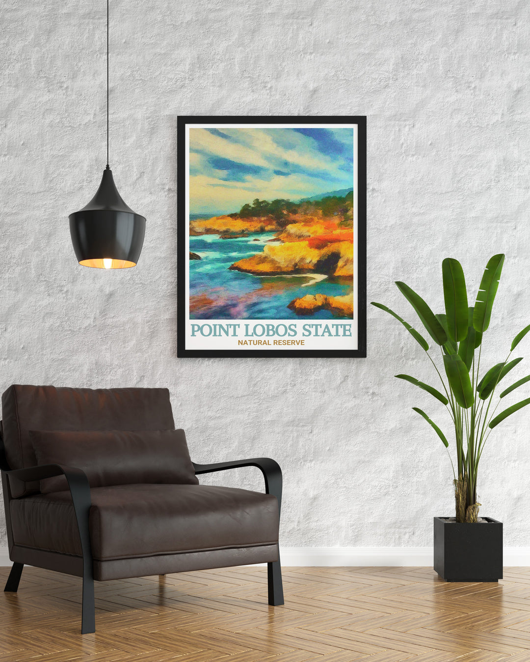 China Cove travel poster capturing the secluded charm and natural wonder of Point Lobos State Natural Reserve. Ideal for adding a touch of natures tranquility to any room, this wall art celebrates the unspoiled beauty of one of Californias most beloved natural landmarks.