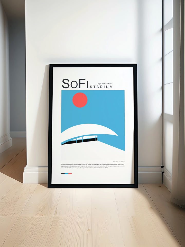 Exquisite modern sports art poster featuring SoFi Stadium home of the LA Rams perfect for a sports bedroom or office with its sleek design and minimalist aesthetic ideal for any sports enthusiasts space