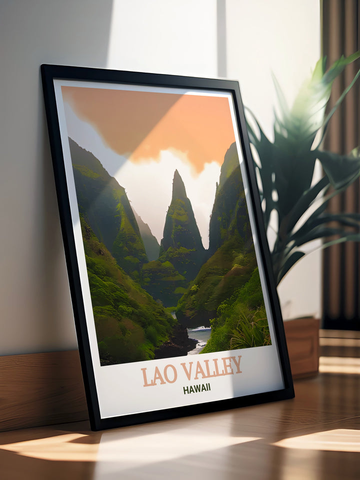 Bring the tranquility of Hawaiis Lao Valley into your home with this travel print. The print highlights the peaceful landscapes of Lao Valley State Park, making it a perfect gift for nature lovers and travel enthusiasts.