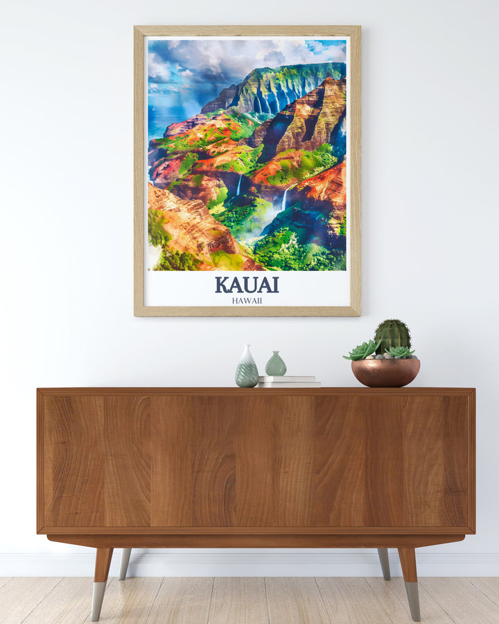 Na Pali Coast and Wailua Falls featured in this Kauai art print bring the tranquility of Hawaii into your home. A perfect addition to any living space or office, this Hawaii wall decor makes an ideal travel gift for anyone who loves the islands.